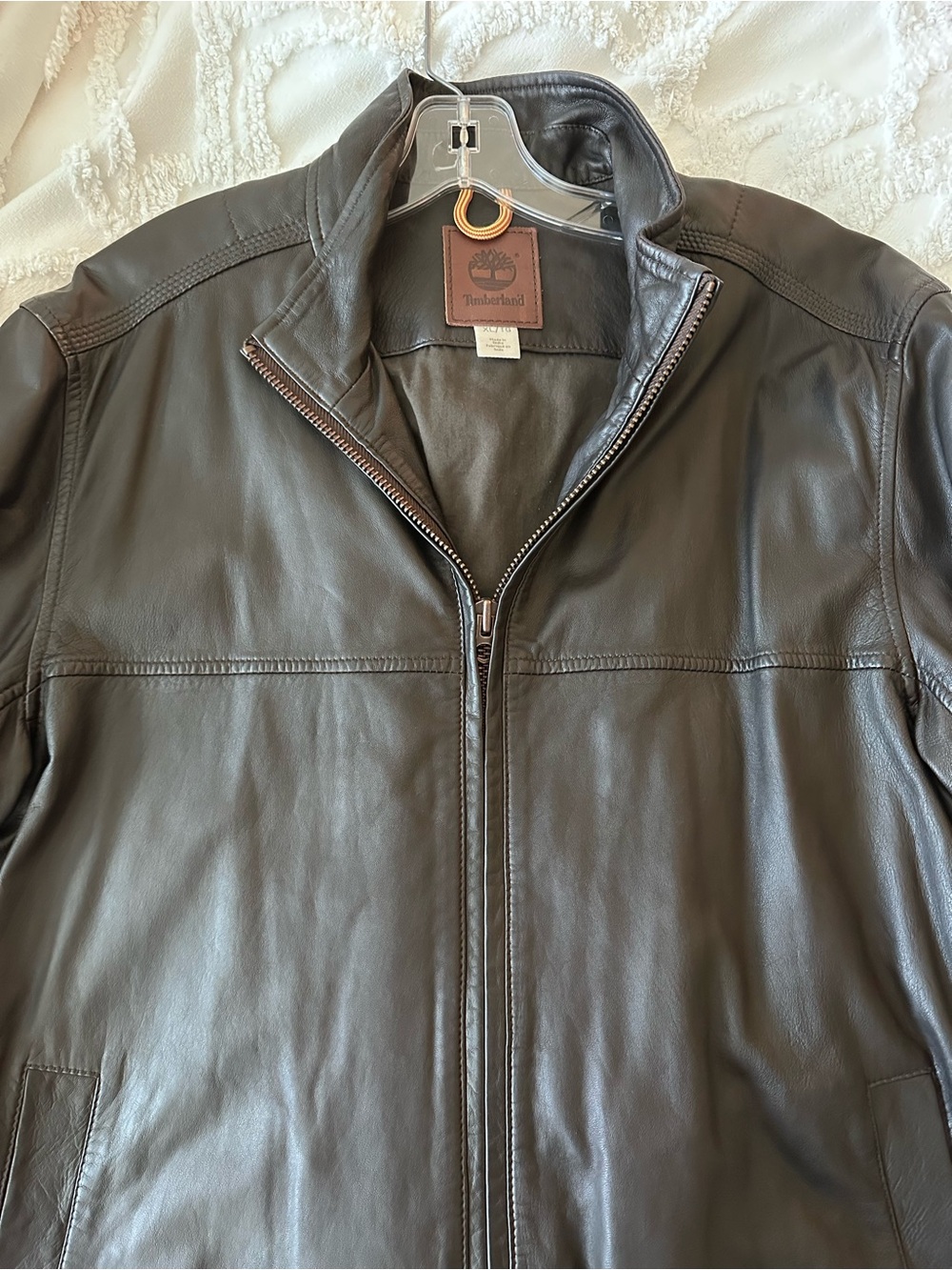 Timberland Dark Brown Leather Bomber Jacket with Zip Front